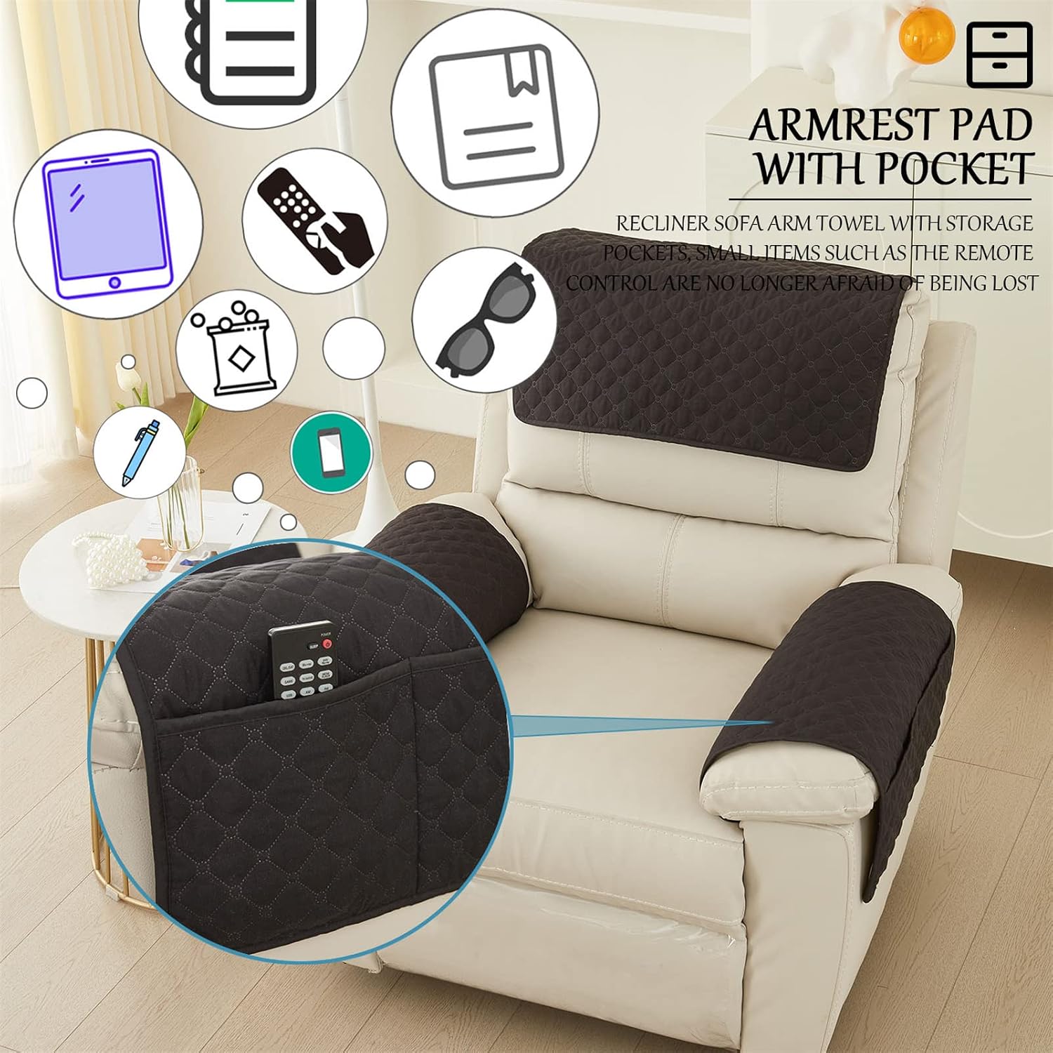 Sofa Armrest Cover,1/2/3 Seater Sofa Headrest Slipcovers with Pocket Nonslip Armchair Cover Quilted Water Proof Furniture Protector for Recliner Couch (Black,3 Seat Recliner 5 pc)