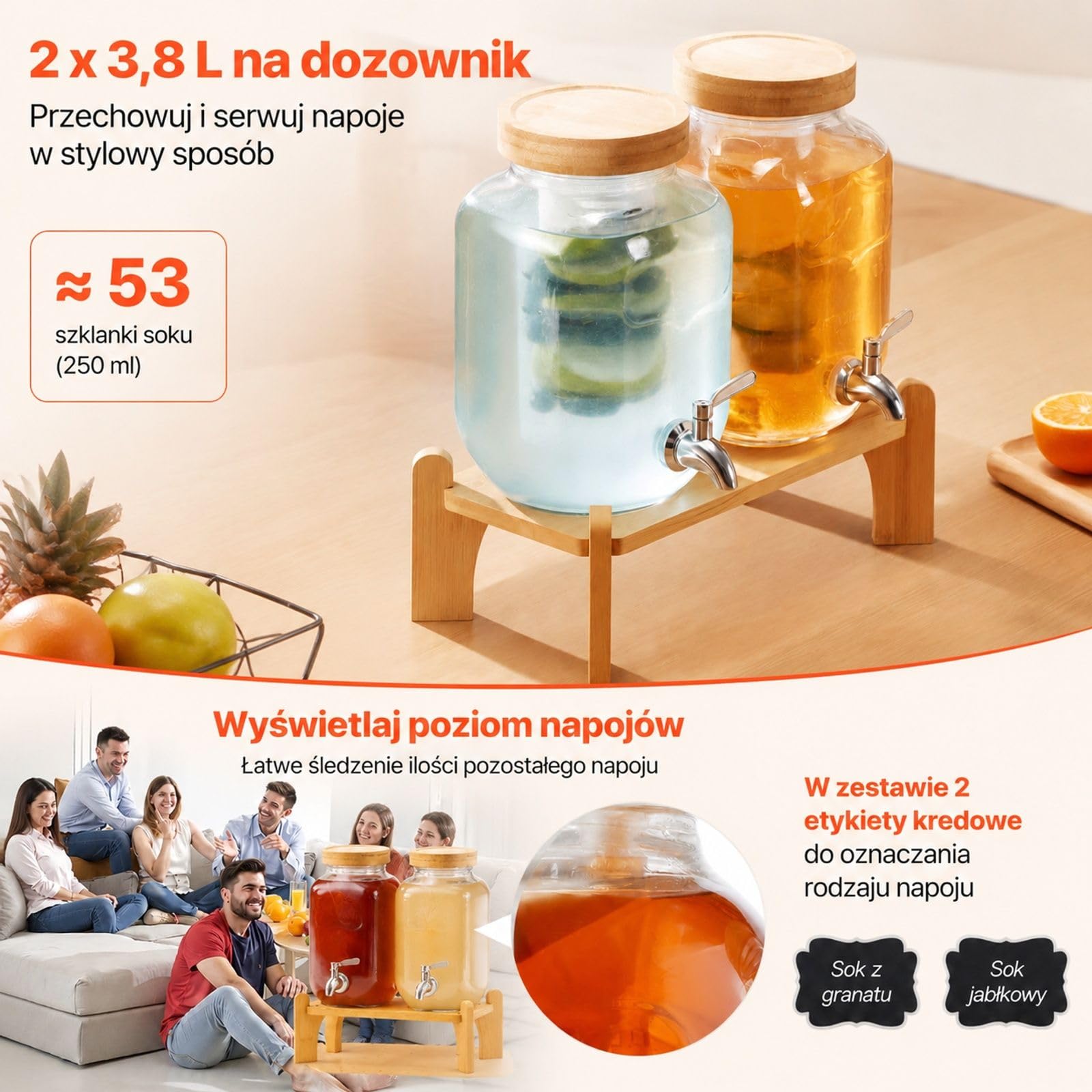 Szklany dystrybutor napojów 2 x 3,8 l, przezroczysty podwójny cylinder z kranem i drewnianą podstawką na przyjęcie, bar, restaurację, lemoniadę, herbatę mrożoną