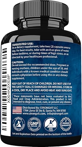 Miniatura 8 de StrongVit Suplementos de cortisol para mujeres y hombres con magnesio, ashwagandha y L-teanina. Reductor alto de cortisol, gestor, desintoxicación,