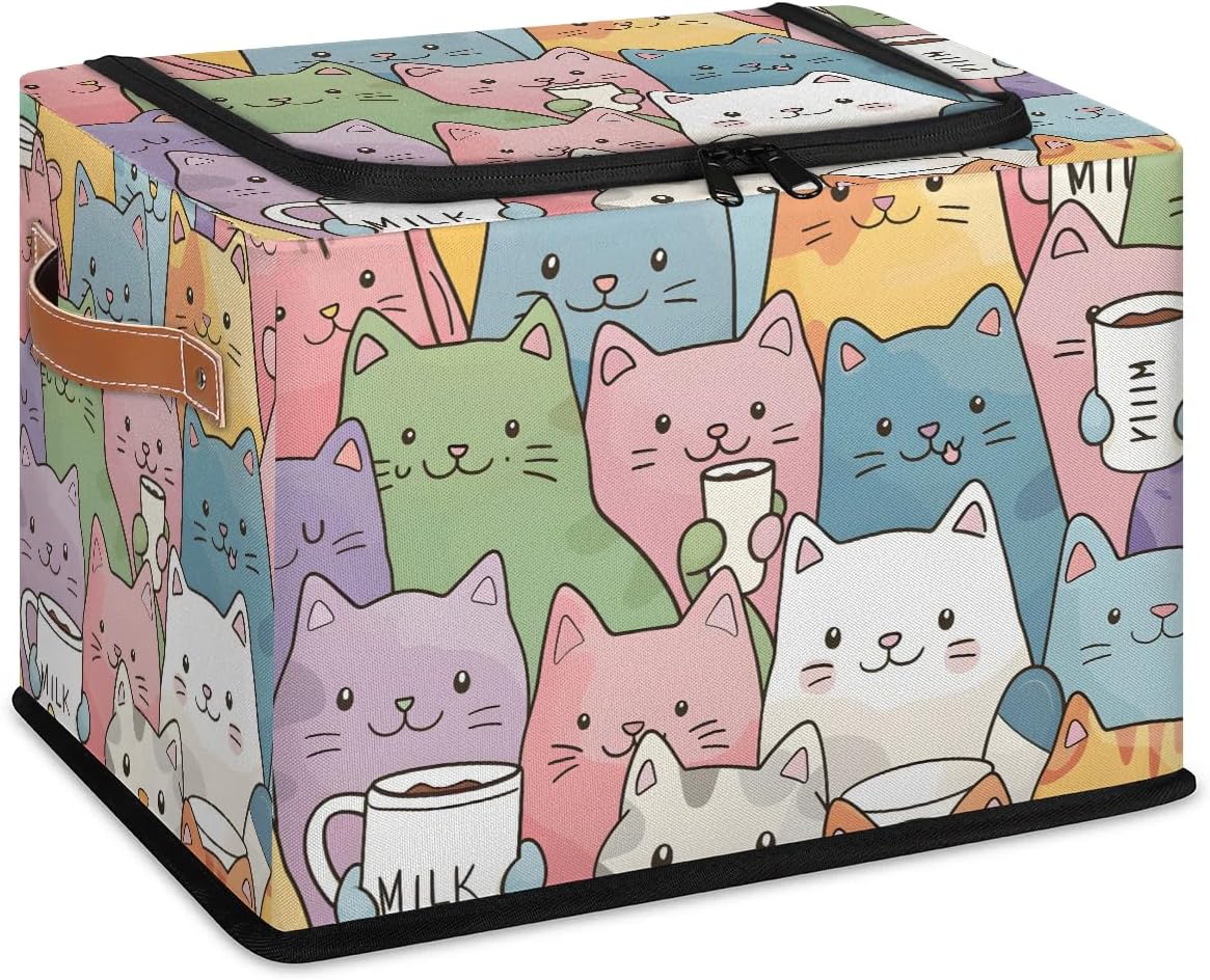 Cute Cat Storage Bins with Zipper Lid, Collapsible Fabric Storage Basket with Leather Handles Closet Shelf Cloth Organizer Basket for Nursery Bedroom Clothes Toy