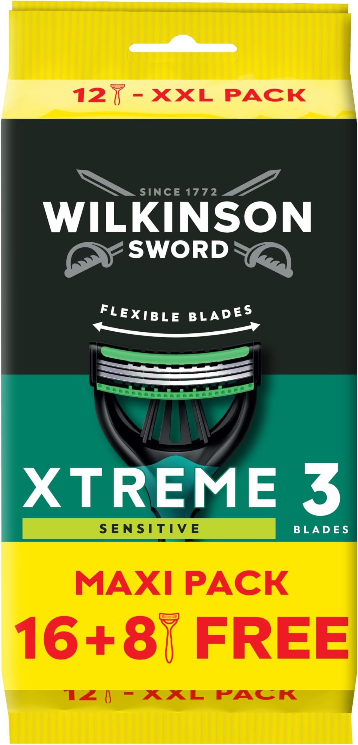 Xtreme 3 For Men | Sensitive | Disposable Razors | Flexible Blades | Pack of 16 Razors + 8 FREE