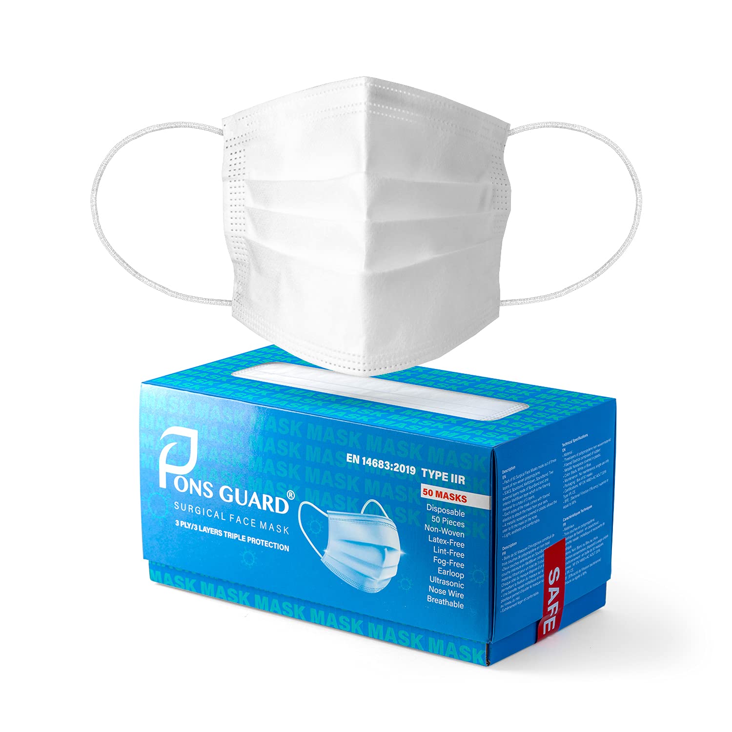 Pons Guard Surgical Masks. Premium White High Quality Disposable Face Masks. White Medical Face Masks. EN 14683:2019 + Ac:...