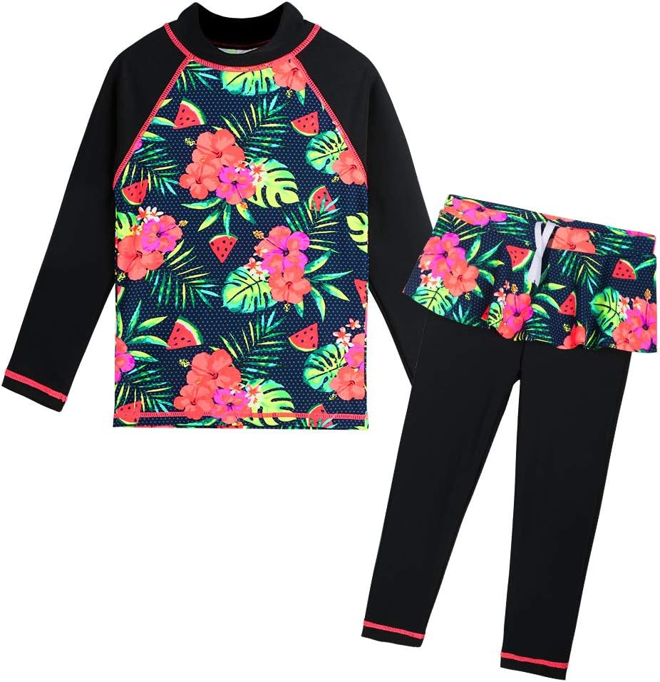 TFJH E Girls Long Sleeve Swimsuits Skirt 2-Pieces Rash Guard Set Sun Protection UV 50+