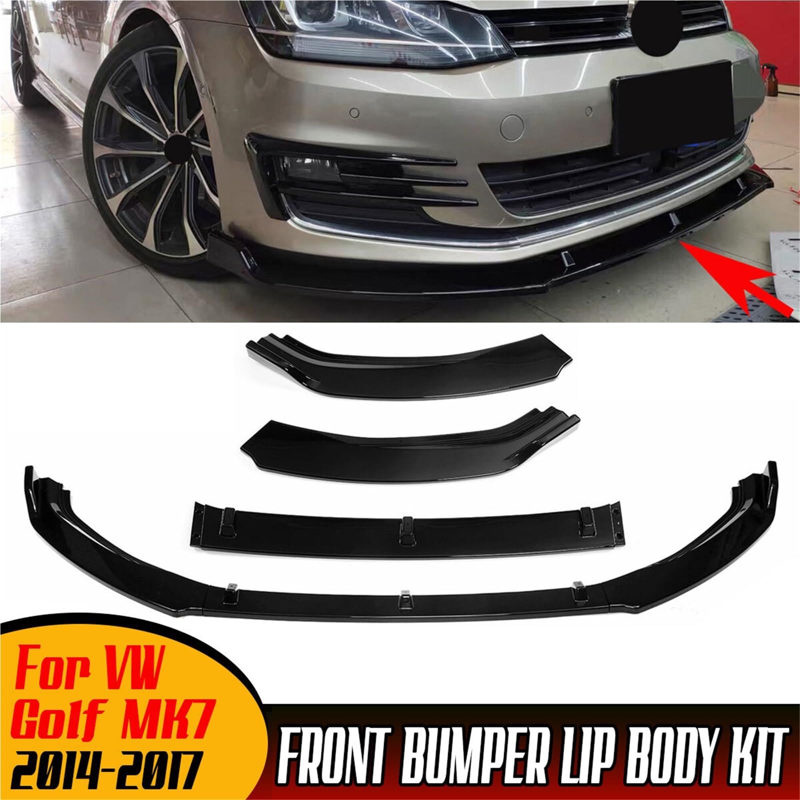 3 sztuki przedniego zderzaka samochodowego, rozdzielacza, dyfuzora, spoilera, deflektora, pasuje do VW Golf MK7 2014 2015 2016 2017(Carbon Fiber Look)