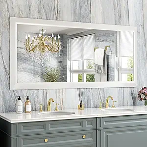 Amorho Bathroom Mirror, 60X28 Inch White Thick Metal Framed Wall Mirrors for Over 2 Sinks, Bedroom, Living Room, Entryway, Large Rectangle Wall-Mounted Mirrors.