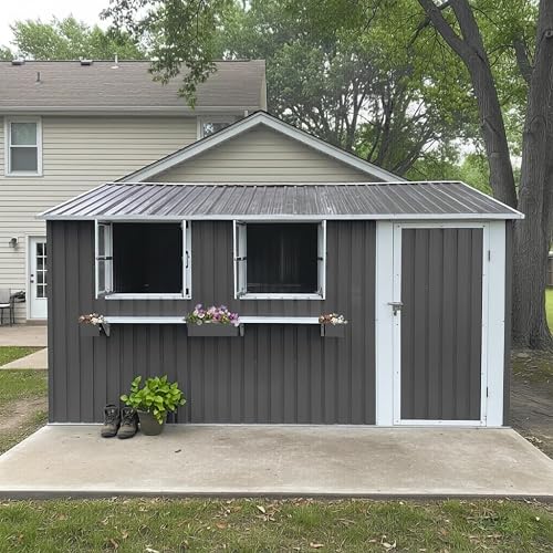 12x10 FT Outdoor Metal Storage Shed with 3 Clear Windows (Grey) | Flower Basket Rack, Heavy Duty Weatherproof, Single Lockable Door, Garden & Backyard Use, be shippedin 3 separate parcels