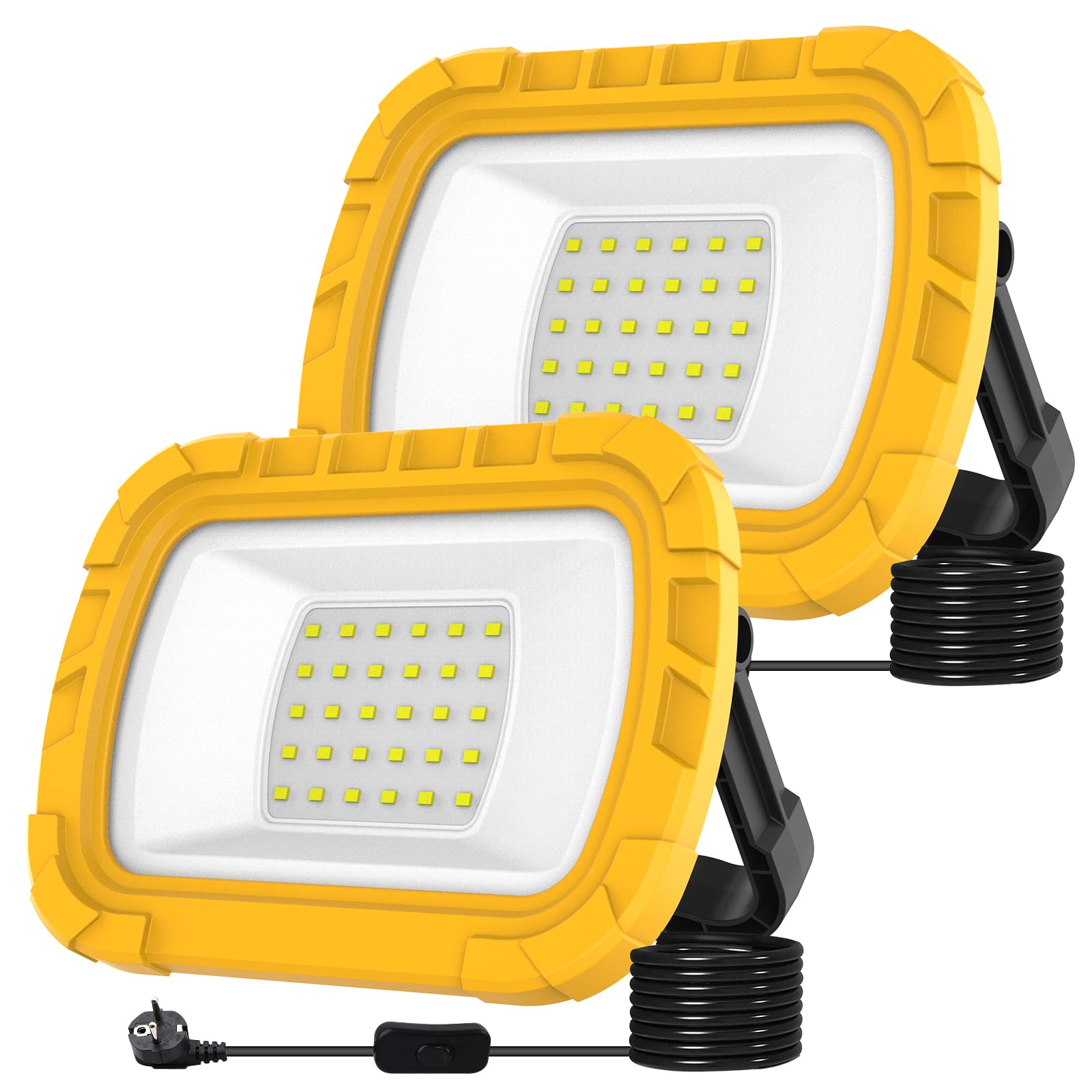 T-SUN 30W Foco LED Portátil, 1000LM Foco Trabajo LED con Enchufe y Cable de 1,8 m, Soporte Plegable, Blanca Fría de 6500K, Luz de Trabajo Impermeable para Garajes, Talleres y Obras- 2 Piezas