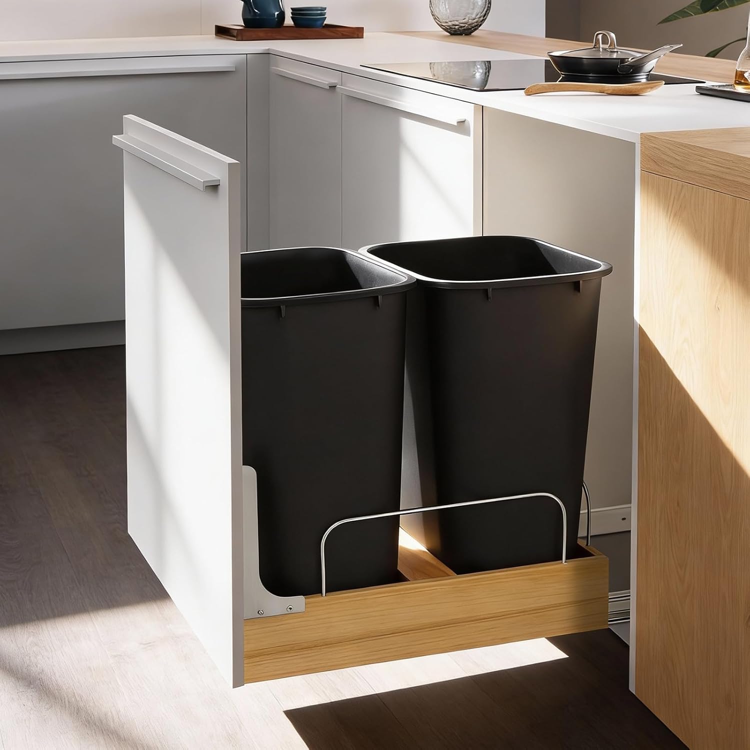 Double Pull Out Trash Can Under Cabinet, Extra Large Dual 48 Qt Bins with 14" Wood Frame, Pull Out Garbage Can for Kitchen Cabinet with Soft-Close Slide Out Trash Can Cabinet Mount Home Recycling Bin