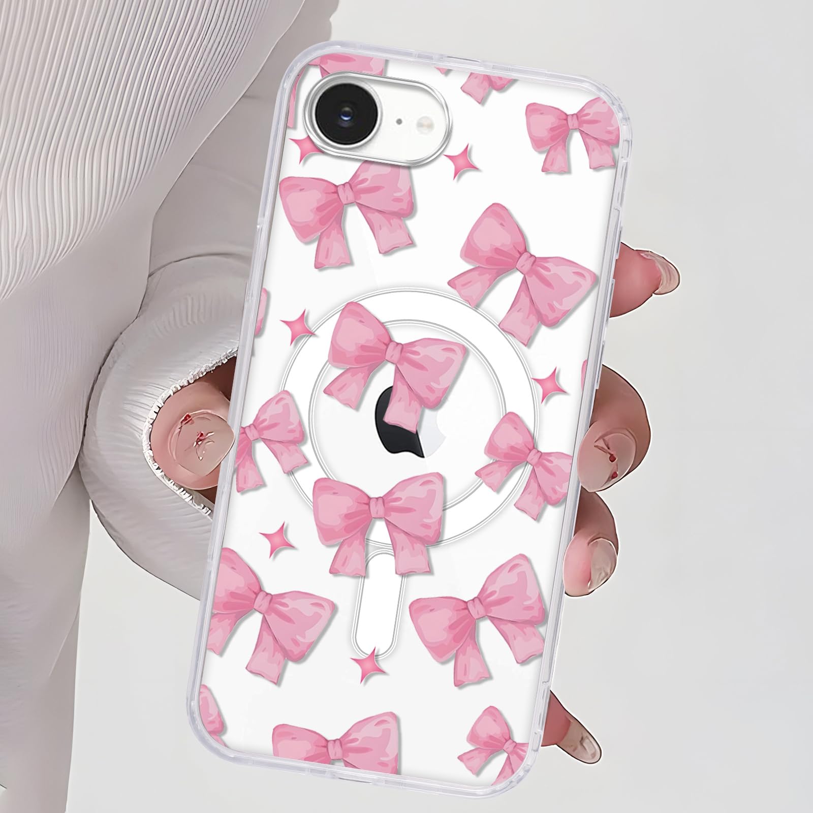 Zrutru Pink Bow Clear Magnetic Phone Case for iPhone 16E Case Cute Ribbon Bowknot Pattern Aesthetic Transparent Phone Funda for Girls Women for iPhone