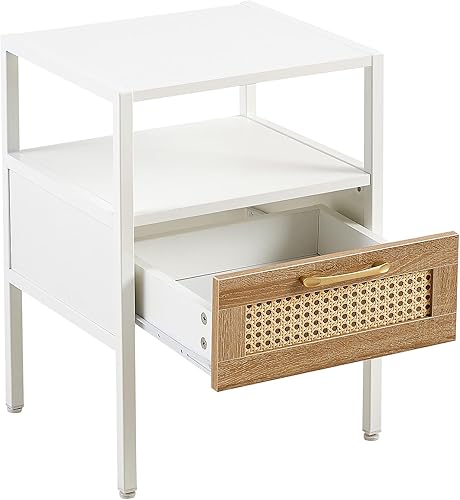 Miniatura 6 de Juego de 2 mesitas de noche de ratán, mesa auxiliar de ratán de 15.75 pulgadas con cajón, mesita de noche moderna, patas de metal, mesa auxiliar