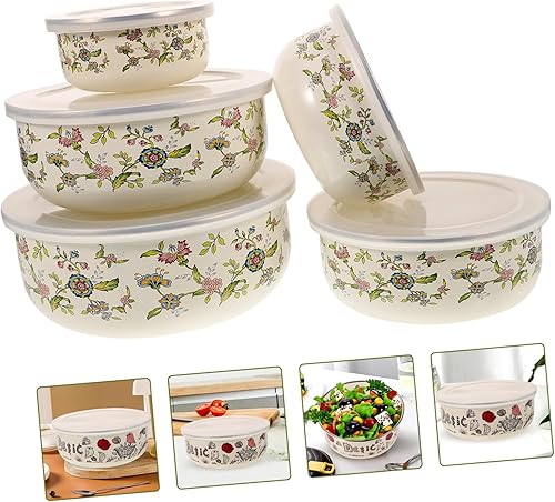 Miniatura 6 de BESTOYARD 5 unidades de esmalte esmaltado recipiente para ensalada, cuenco para servir tazón de mezcla de esmalte para hornear, cuencos de frutas