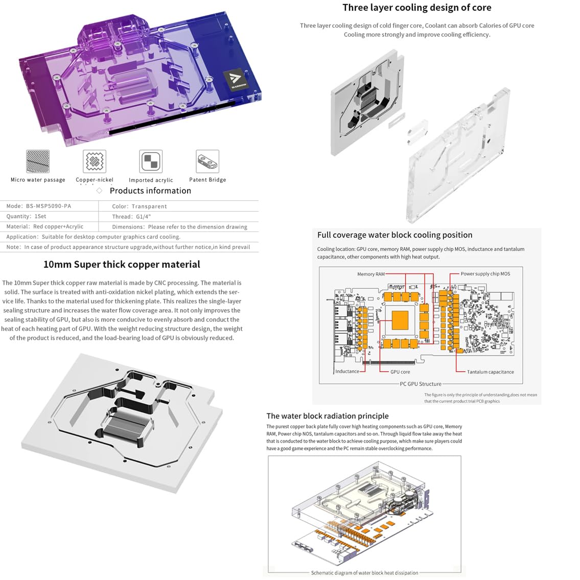 Barrow Copper GPU Water Cooling Block GPU Waterblock for Asus RTX5090 RTX5090Ti RTX5080 RTX5080Ti RTX5070 RTX5070Ti RTX5060 RTX5060Ti (for Asus ROG Astral RTX 5090 D O32G Gaming)