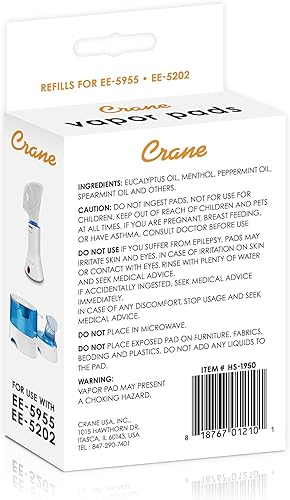 Vista 3 de Crane Almohadillas universales de vapor mentol-eucalipto, paquete de 12, para uso de gotitas, inhalador con cable, humidificador de niebla cálida