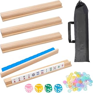Wooden Mahjong Racks with Pushers Set, 4 Magnetic Mahjong Tile Racks with Detachable Pushers, American Mahjong Accessories with Dice Chips & Storage Bags for Game Table (Natural Wood)