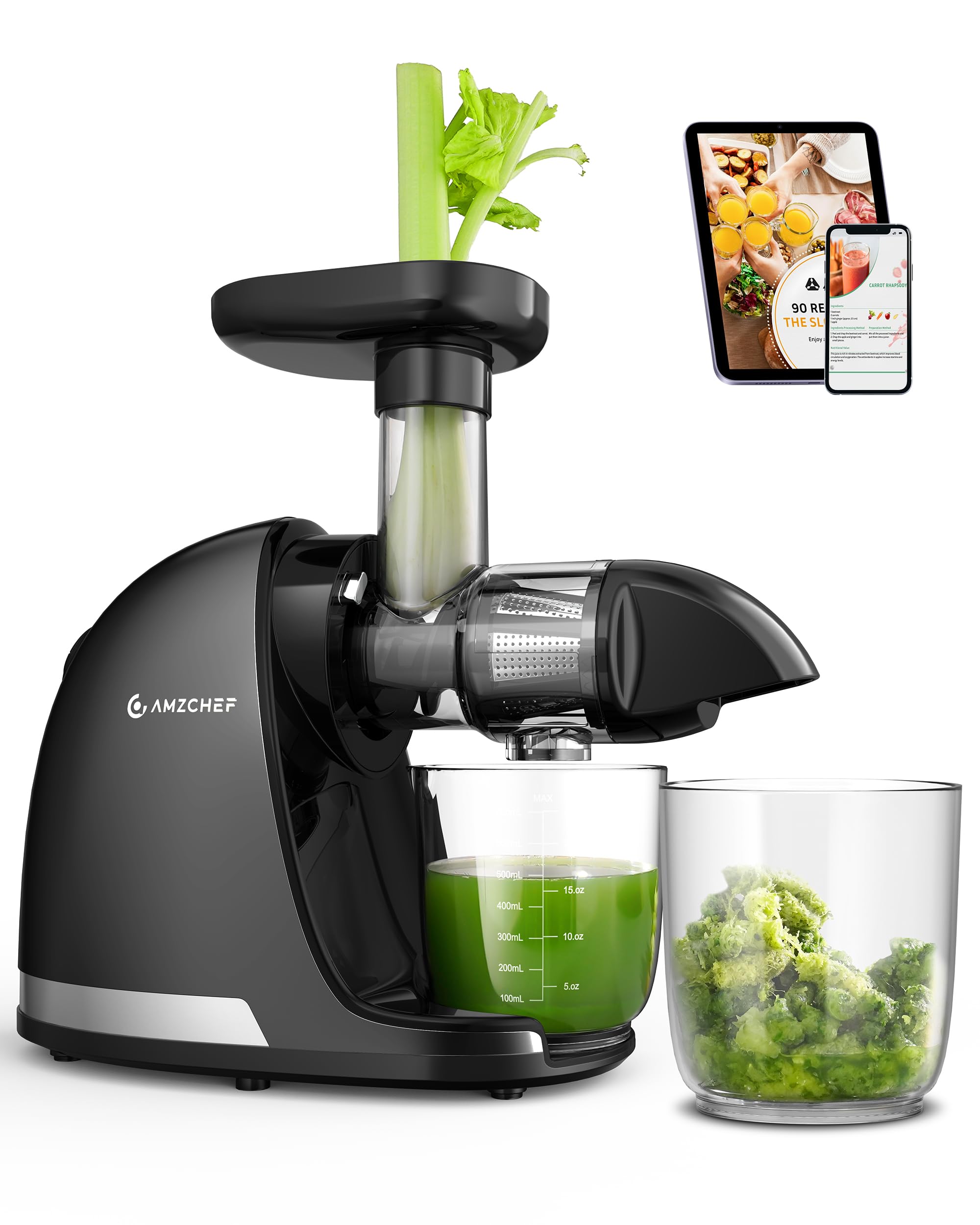 Exprimidor Lento AMZCHEF – Exprimidor Silencioso con Función Reversa para Frutas y Verduras | Incluye Jarra y Cepillo de Limpieza (150 W,Gris)