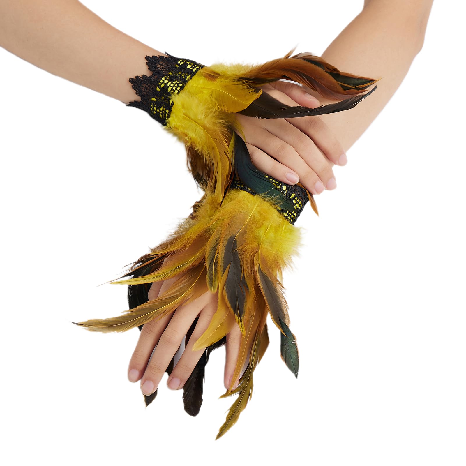 Felcia Women's Halloween Feather Wrist Cuffs Gothic Floral Lace Wristband Accessories for Carnival Cosplay Stage Performance (A-Yellow, 18cm*18cm)