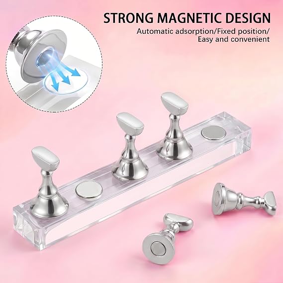 Nail Stand for Press Ons, Magnetic Fake Nail Holder for Painting Nails,Nail Stands for Nail Art with Reusable Putty Home Salon DIY Display Supplies (Silver)