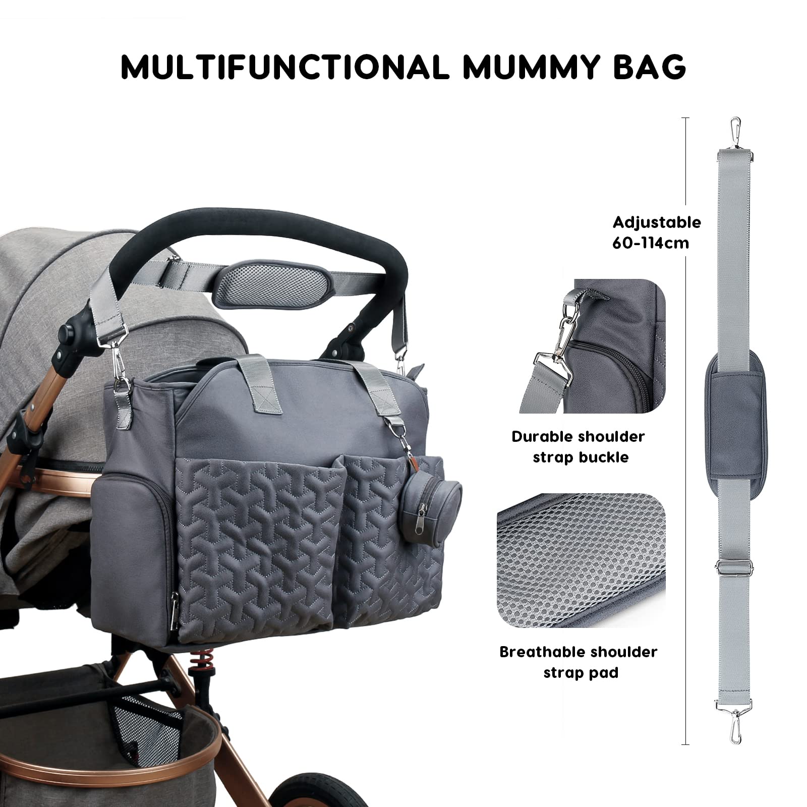 SONARIN Multifunzionale Elegante Borsa Fasciatoio per Neonato,Grande Capacità Impermeabile Borsa Cambio Borsa a Tracolla Portatile Borsa per Pannolini da Viaggio con Borsa Ciuccio(Grigio Scuro)