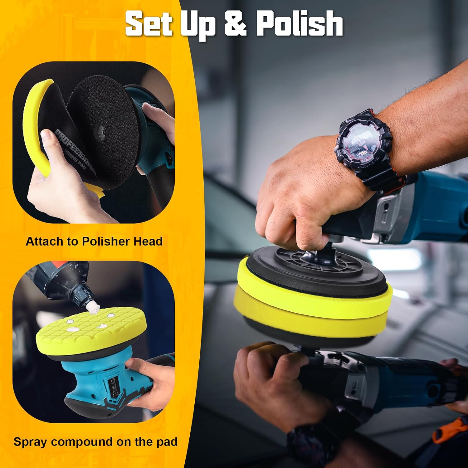 Foam Polishing Pads 5.5 Inch, 3Pcs Yellow Heavy Medium Cut Buffing Pad Set for Car Paint Correction and Waxing