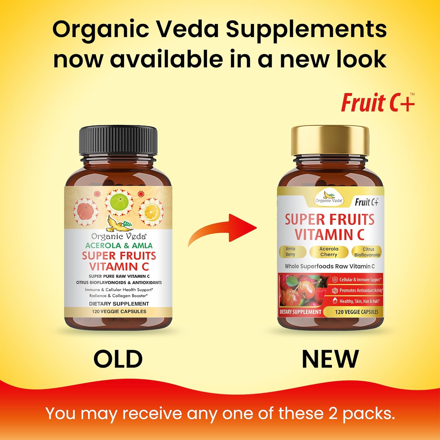 Organic Veda Fruit C+ Vitamin C Complex - 1250mg Organic Whole Food Vitamin C Supplement with Citrus Bioflavonoids, Acerola & Amla - Daily Antioxidants, Immunity, Collagen Boost - 120 Vegan Capsules