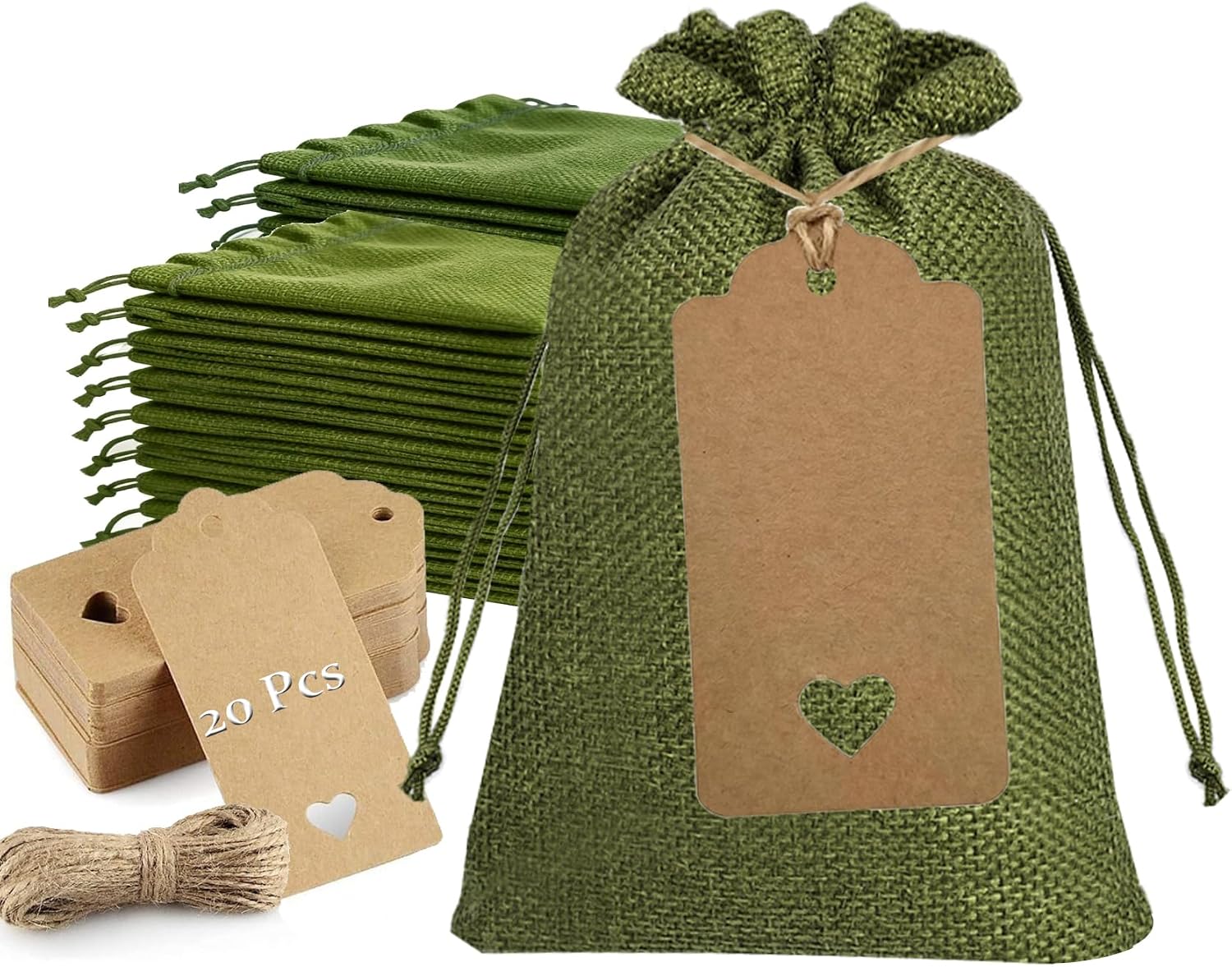 XOVAHZEN 20 Pcs Versatile Burlap Favor Bags with Drawstring 5x7 Inch with Kraft Tags – Perfect for Weddings, Christmas, and Creative Packaging-Green