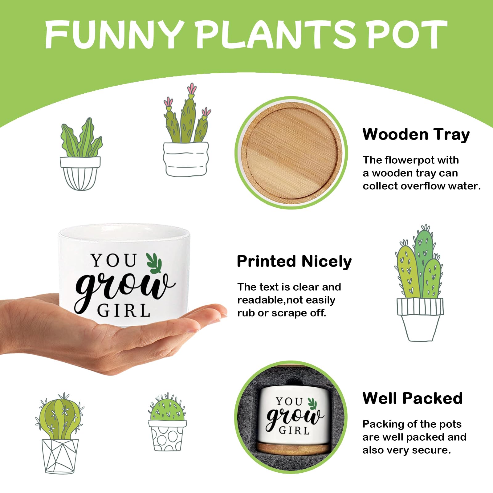 You Grow Girl - Macetas para suculentas con bandeja de bambú, maceta de interior para hija, hermana, mujeres, amigas, compañeros de trabajo de trabajo, regalo de inauguración de la casa