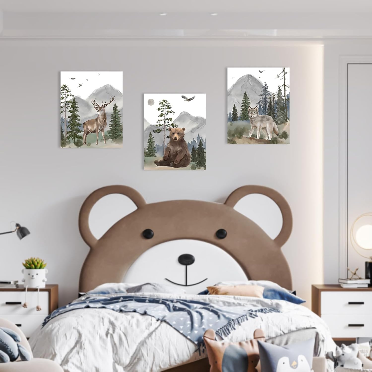 Woodland Nursery Wall Art Decor: Forest Themed Animal Wall Art Prints Canvas Posters Nursery Decor for Boys Girls Room,Wildlife Deer Bear Wolf Pictures for Bedroom Wall Decor,12x15 Inch,Set of 3