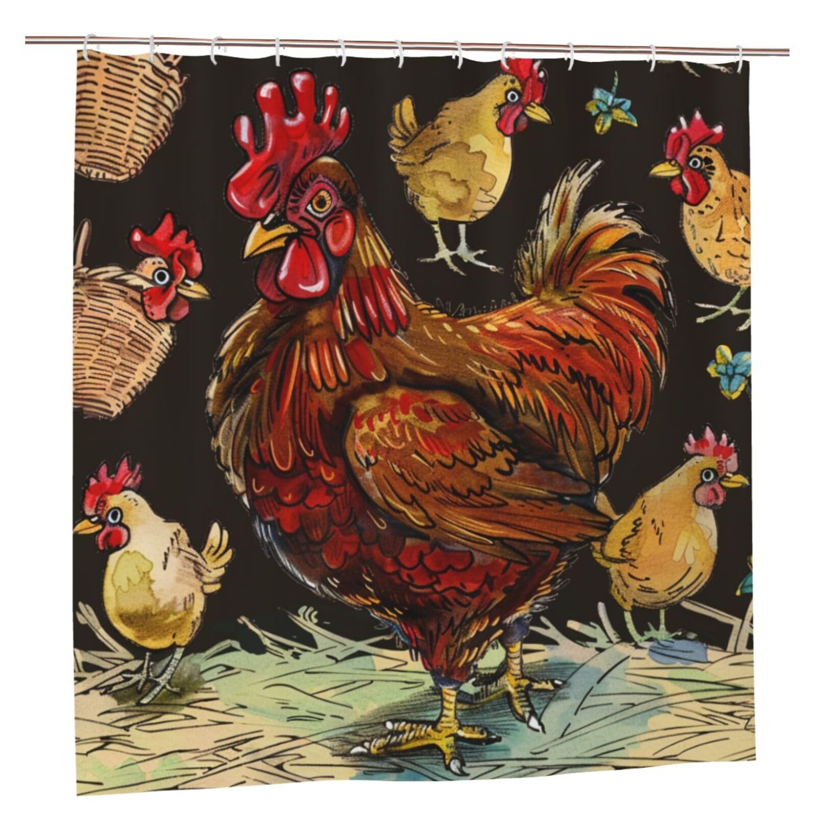 BWWHCCTI Chicken Print Printed Shower Curtain With 12 Plastic Hooks Opaque Quick Drying Waterproof Shower Curtains Sets For Bathroom 183x183 CM