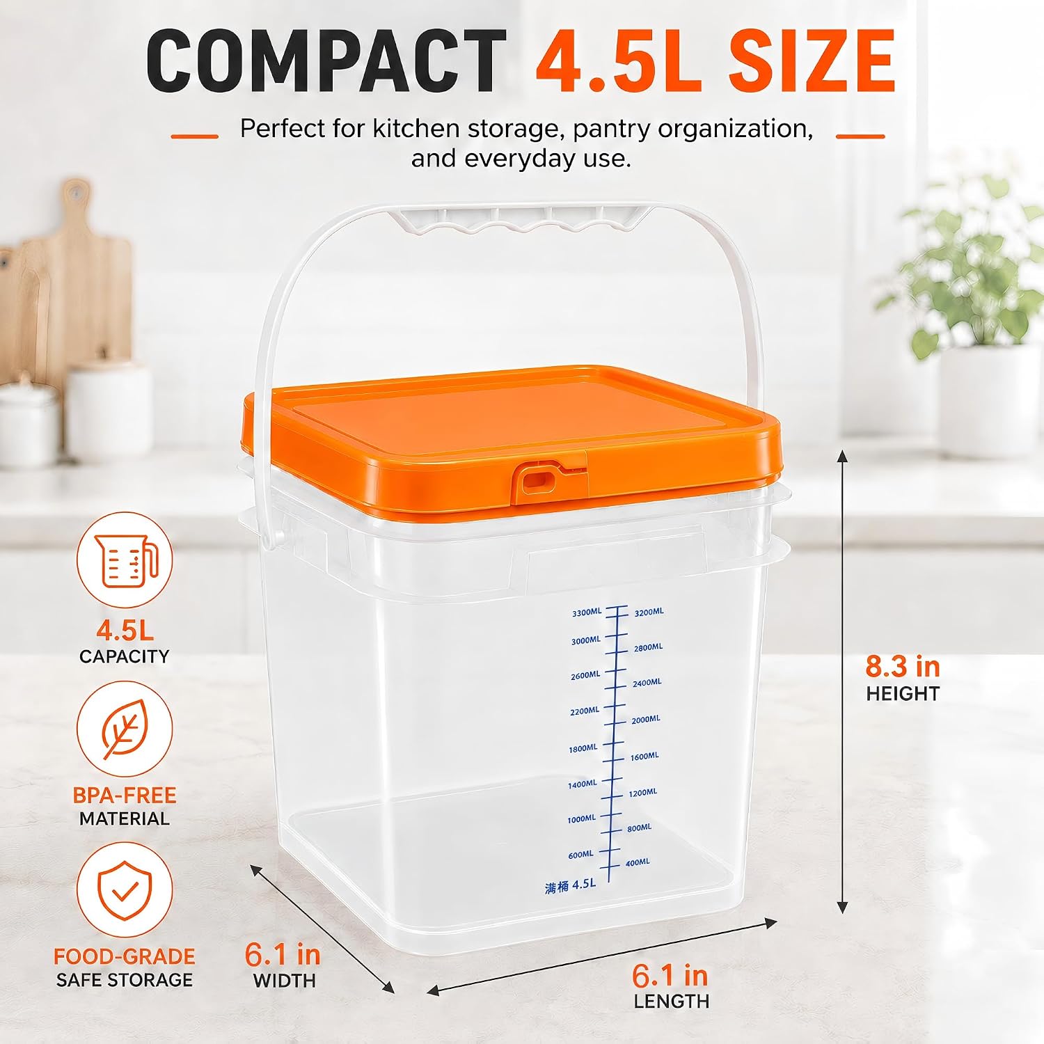 3 Pack 1 Gallon Clear Food Grade Plastic Buckets with Lids, Square Food Storage Plastic Containers with Handles, Graduated Markings, Labels for Meal Prep, Pantry, Dry Goods, Cereal, Sugar, Snacks