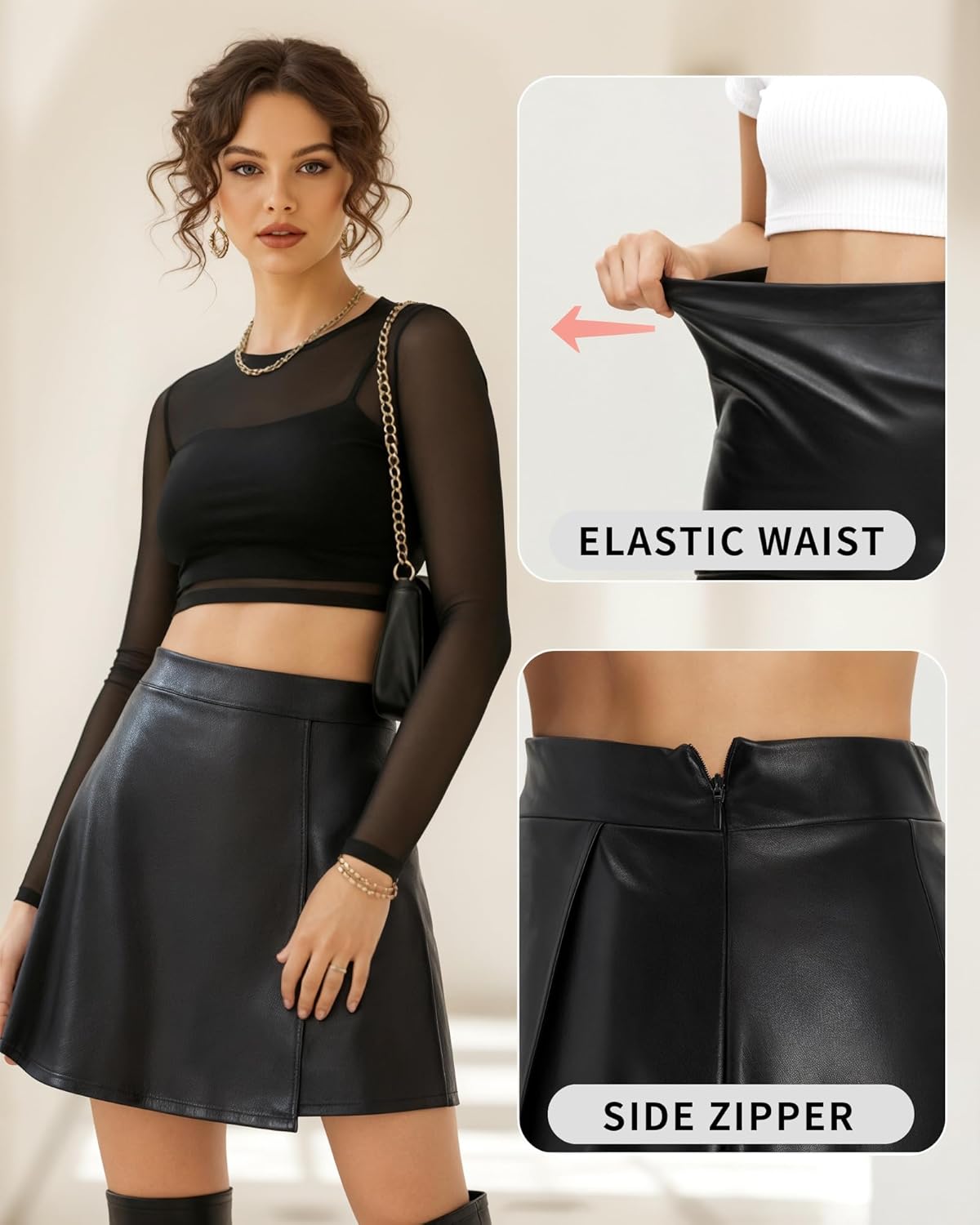 MANGOPOP Women's Faux Leather Skirt High Waist A Lined Mini Short Skirts Fall Winter Casual Trendy Outfit - Image 4