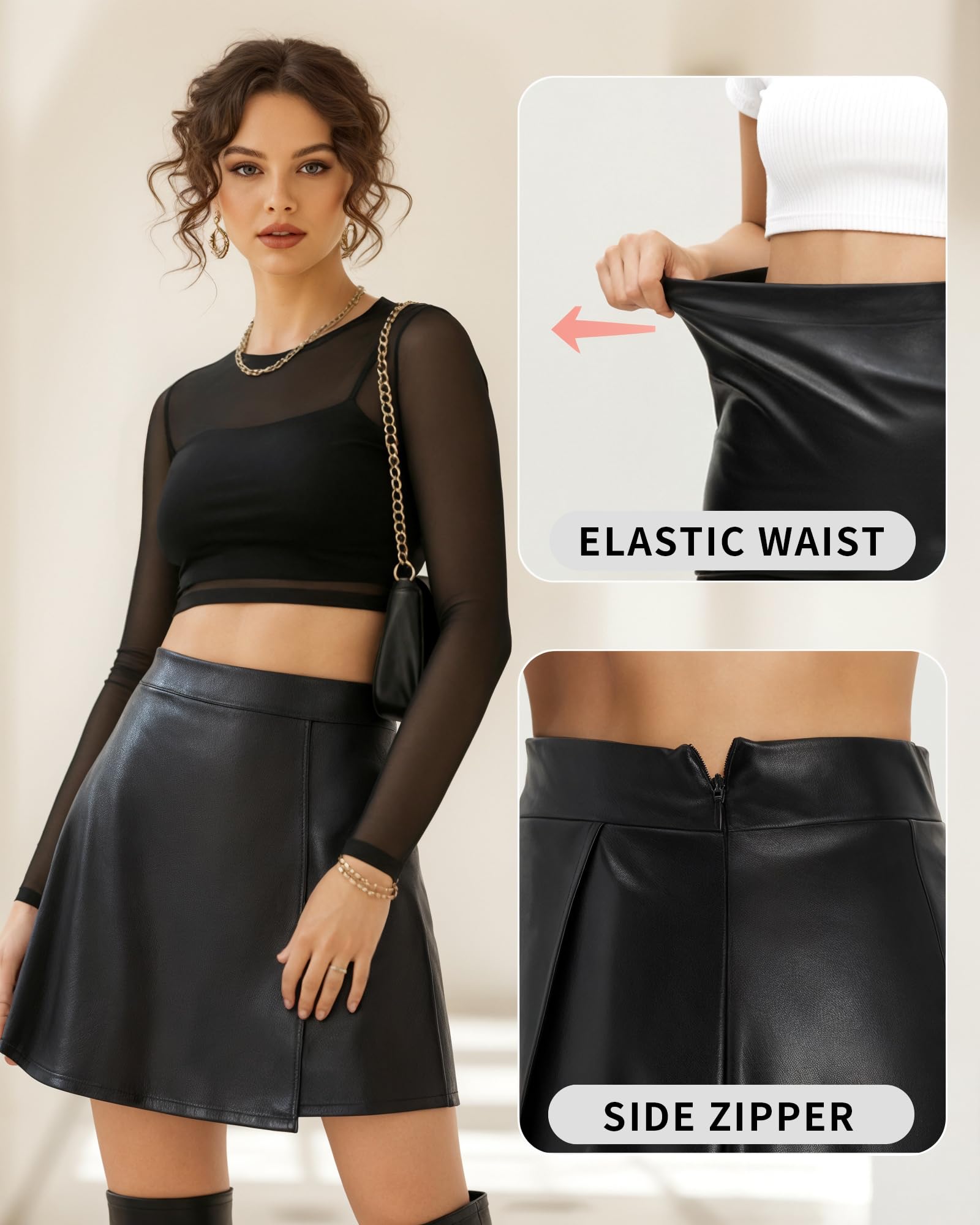 MANGOPOP Falda corta de piel sintética para mujer, de cintura alta, con forro, para otoño e invierno, informal, a la moda 2025