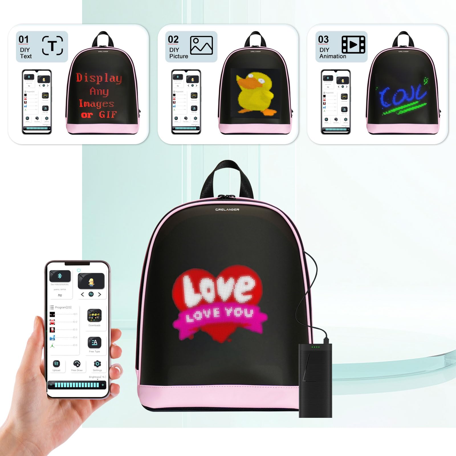 Crelander LED-Rucksack, kleiner Laptop-Rucksack mit programmierbarem Bildschirm kleine intelligente dynamische Mode Umhängetasche für Radfahren Reisen Daypack App Control, 12 Zoll