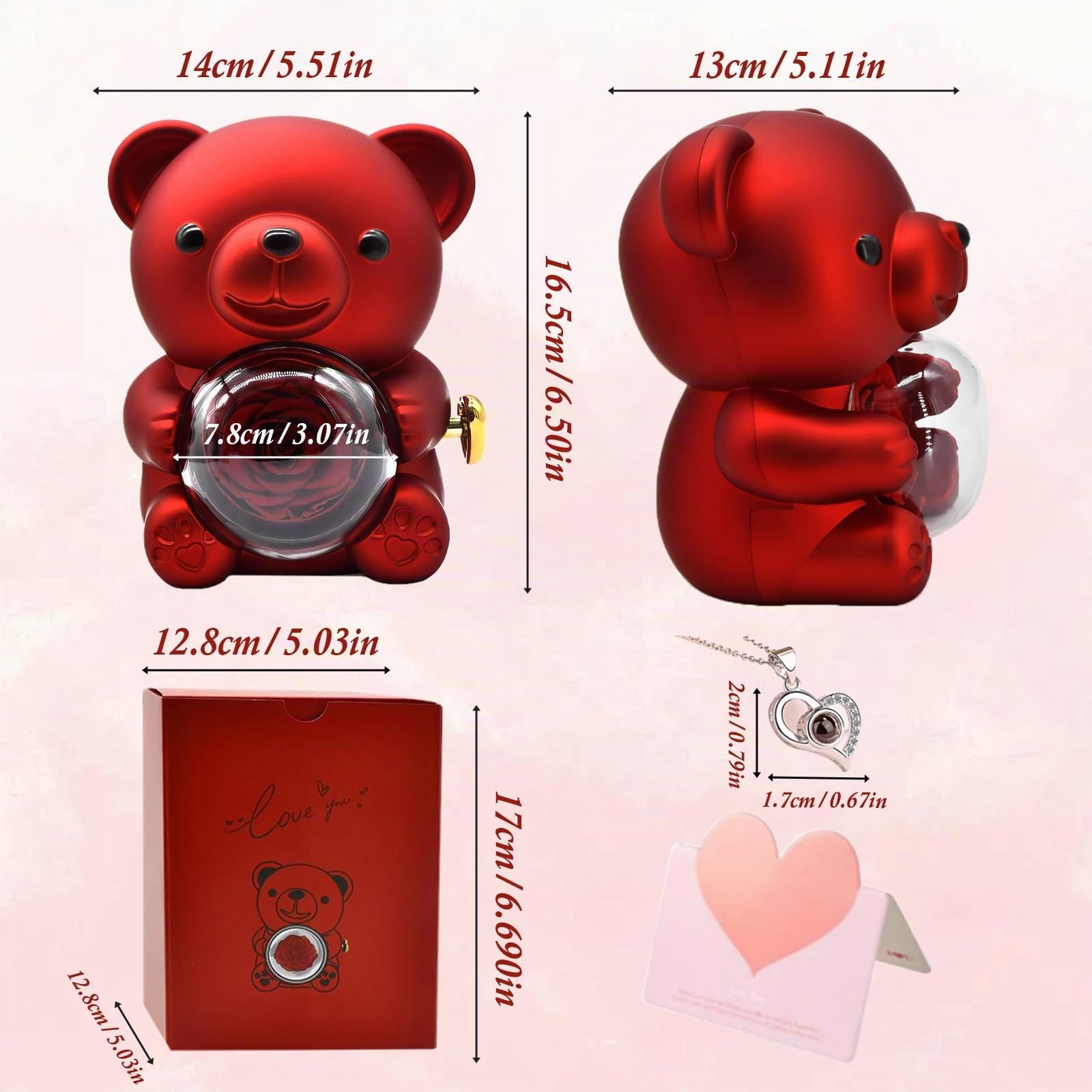 Orsetto Rosa Eterna con Collana a Forma di Cuore,Orso di rosa Eterna Confezione Regalo,Orsetto di Rose Stabilizzate con Scatola per Donna,Mamma,per San Valentino,Festa della Mamma,Anniversario (Rosso)