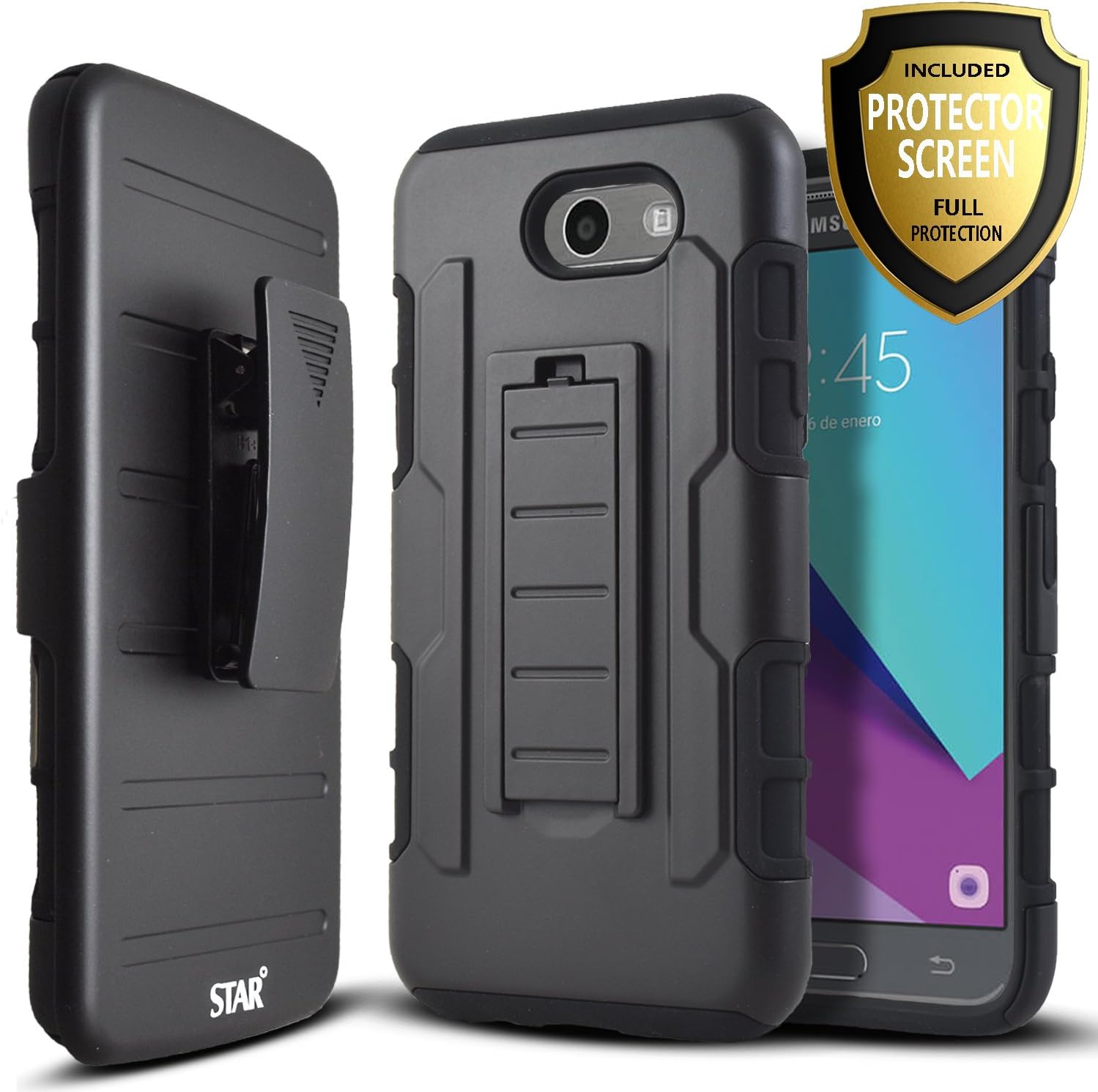 Galaxy Express Prime 2 Case with [Premium Screen Protector Included], Starshop [Armor Belt Clip] Dual Layers Kickstand Phone Cover and Locking Belt Clip for Samsung Galaxy Express Prime 2 (Black)