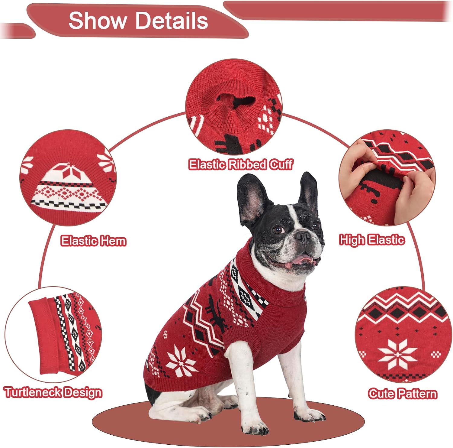 Christmas Dog Sweater Turtleneck Dogs Pullover Sweater Christmas Reindeer Snowflake Pattern Warm Soft Pet Knitwear Boy, Girl - Dog Clothes (Red, X-Large (20-30lb))