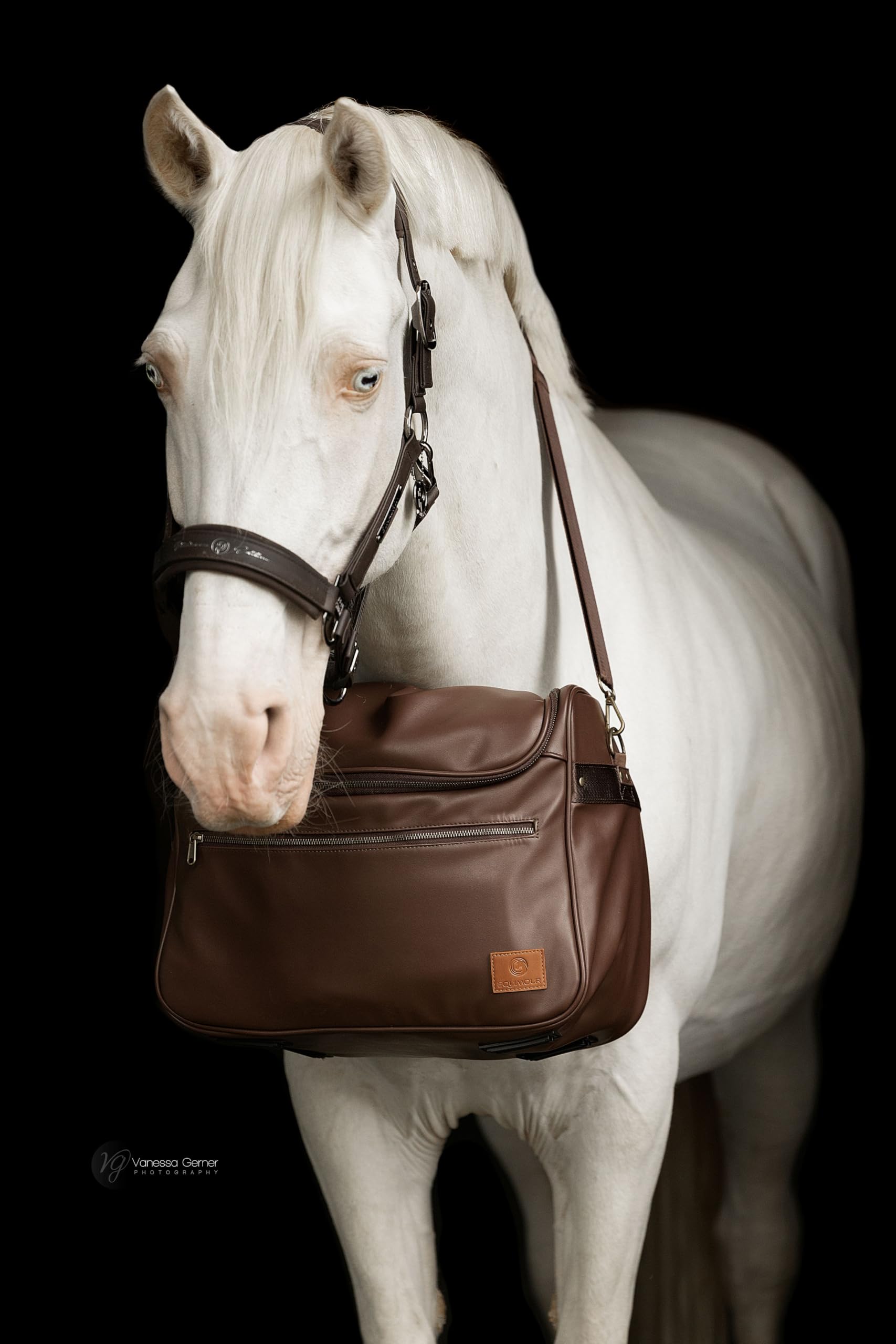 Bolsa de Limpieza Caballo - Cuero Vegano, Marrón | Caja de limpieza resistente e impermeable de piel vegana con compartimentos flexibles y correa de transporte