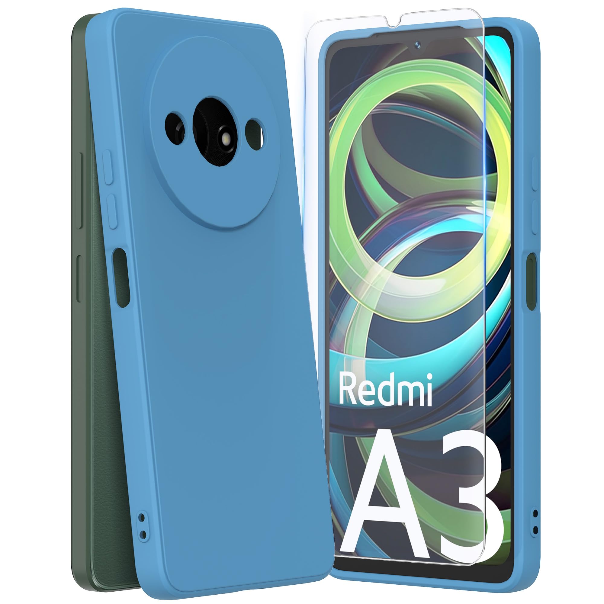Cover Per Xiaomi Redmi A3 4G Con Pellicola In Vetro Temperato – Custodia Sottile Opaca Blu Con Bumper In TPU