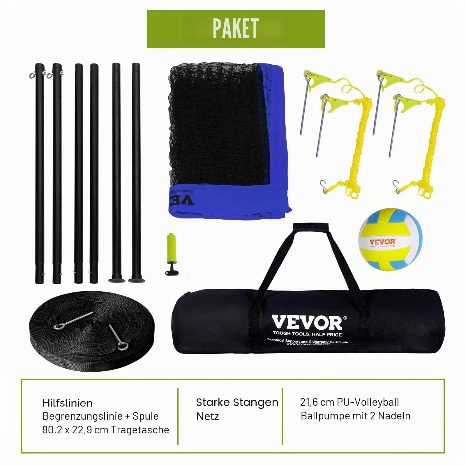 VEVOR Höhenverstellbares Volleyballnetz Set, 9,7 x 2,4 m Tragbarer Beachvolleyball-Netz, Blau Faltbar Mit Volleyball & Tragetasche, Für Garten, Strand