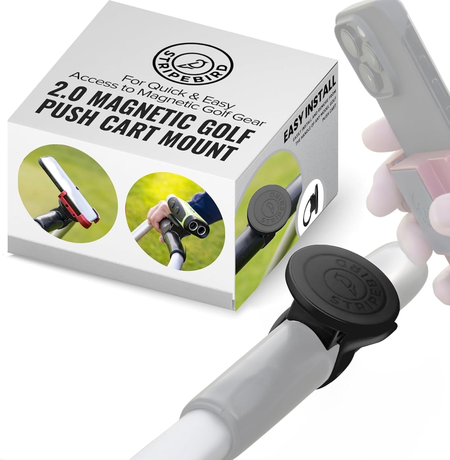 Stripebird - 2.0 Golf Push Cart Mount for Magnetic Accessories (Black) - Push Cart Strap for Quick and Easy Access of Golf Gear - Cell Phone Holder for Golf Cart - Phone Holder for Golf Cart
