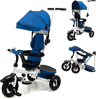 COSTWAY Triciclo Bebé Plegable 4 en 1, Bicicleta para Niños con Asiento Reversible, Toldo Ajustable y Manija de Empuje, Reposapiés Plegable, Triciclo de Empuje para Niños de 12 a 60 Meses (Azul)