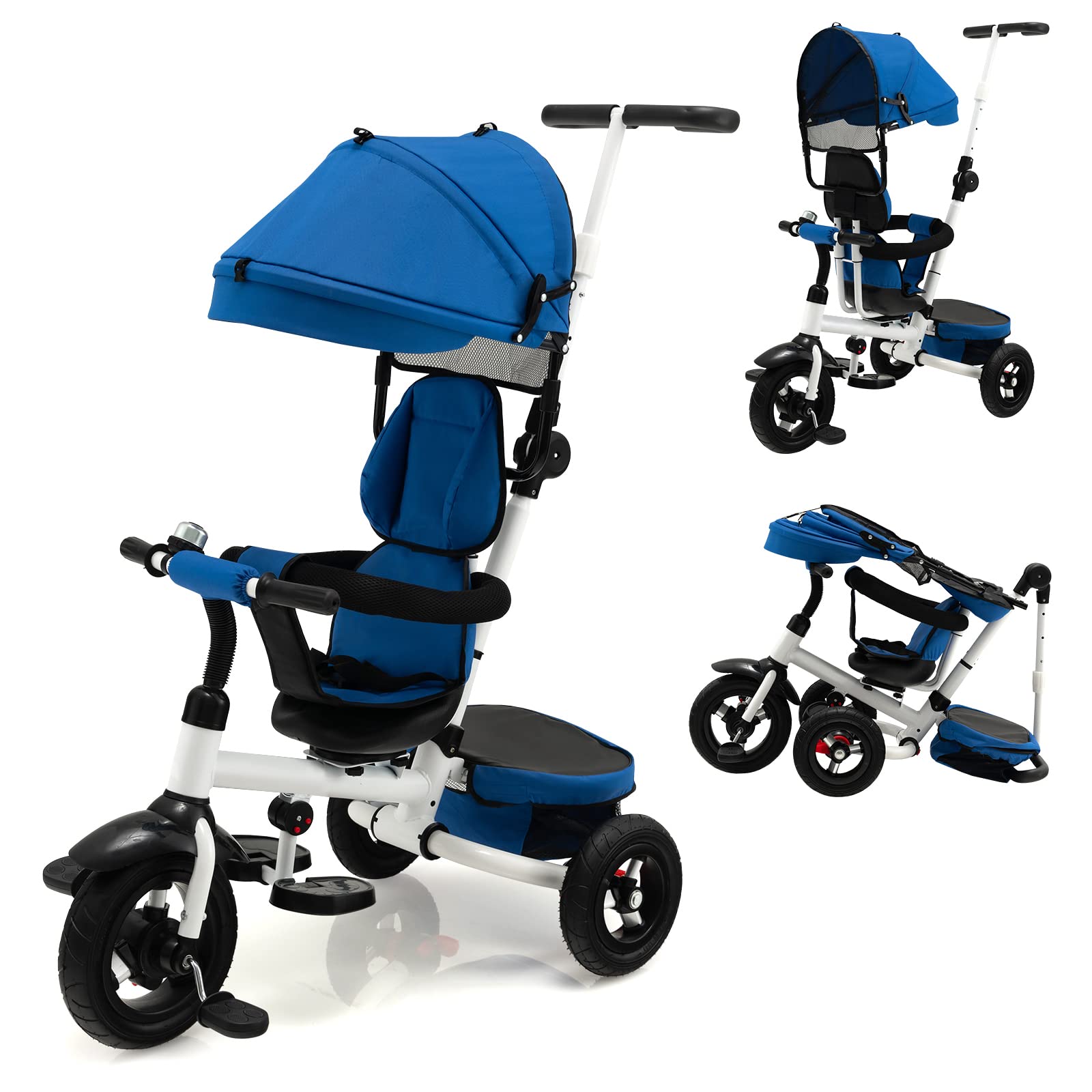 COSTWAY Triciclo Bebé Plegable 4 en 1, Bicicleta para Niños con Asiento Reversible, Toldo Ajustable y Manija de Empuje, Reposapiés Plegable, Triciclo de Empuje para Niños de 12 a 60 Meses (Azul)