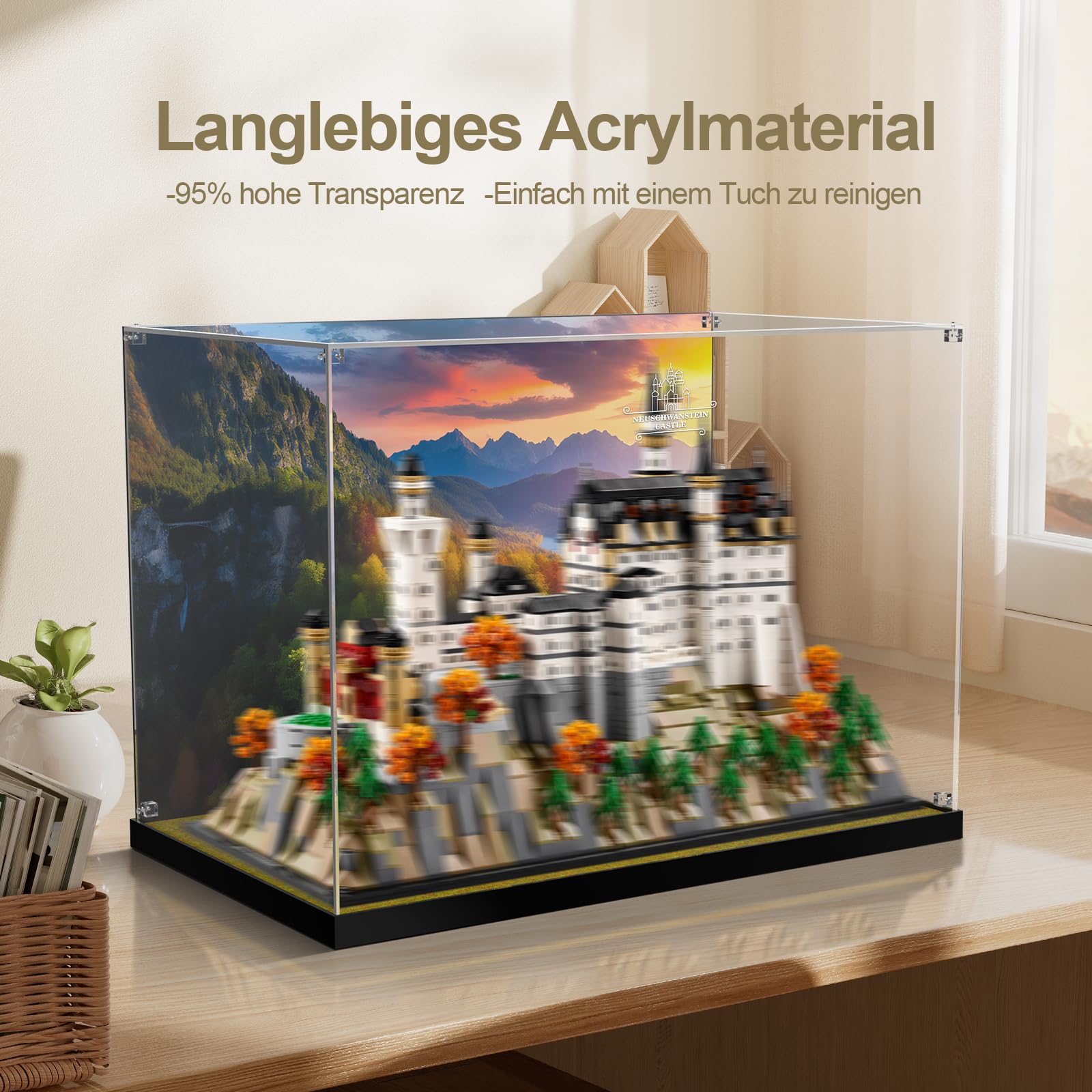 cooldac Acryl-Vitrine für Lego Schloss Neuschwanstein 21063, Transparente Acryl-Vitrine mit klarem Hintergrund, staubdicht Vitrine Kompatibel mit Bausteine Modell (Box nur, Keine Modelle)