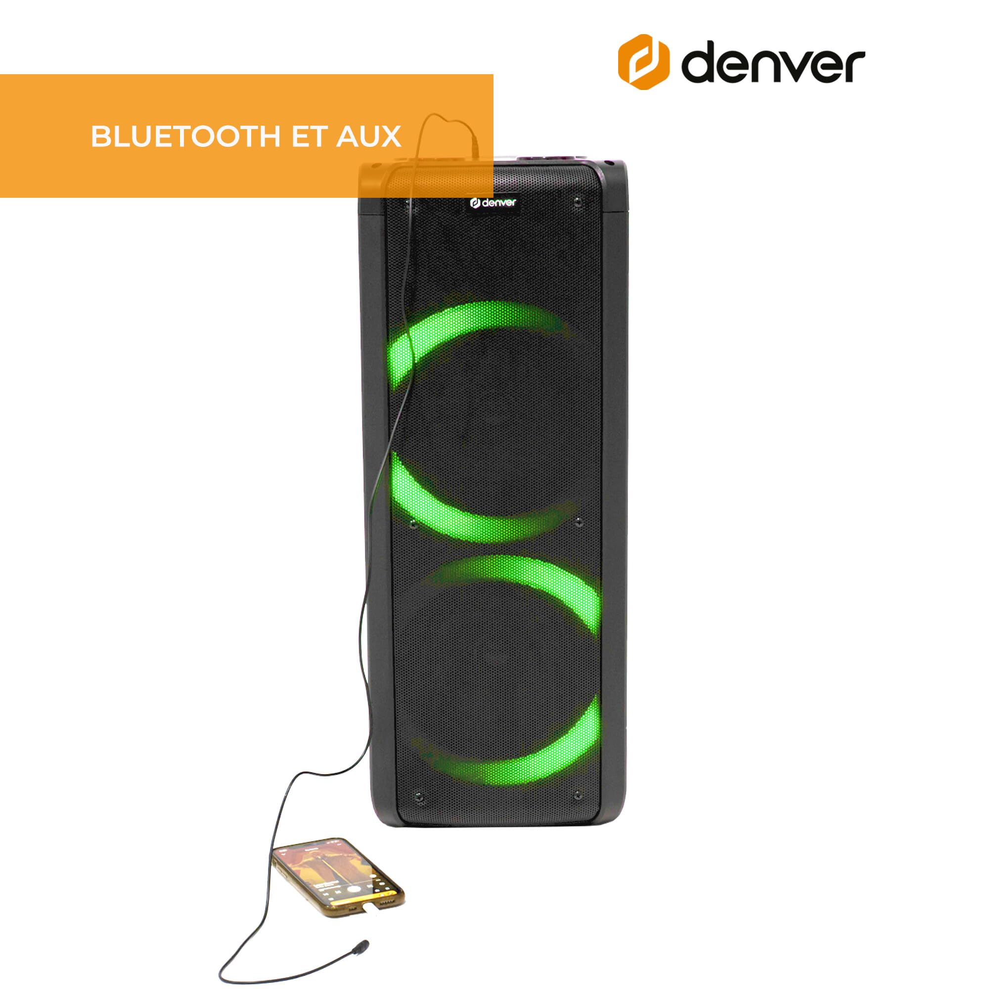Denver Enceinte Bluetooth Puissante - Lumières Disco - Enceinte Karaoké avec Micro - Double woofer de 6,5 Pouces - Haut-Parleur Portable - TWS/AUX/USB/SD - BPS-352 - Noir