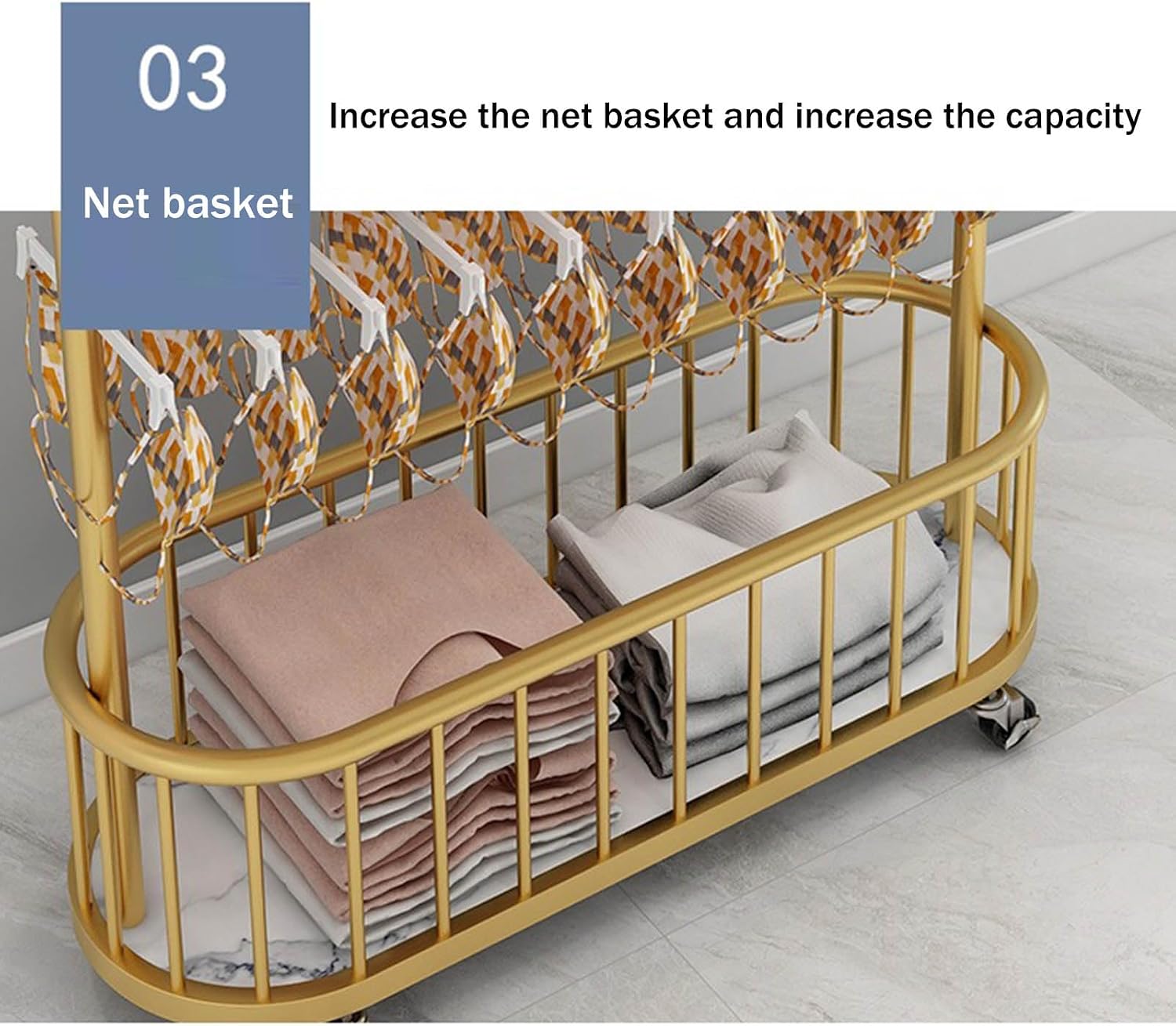 Floor Standing Underwear Display Rack with Wheels, Creative Clothing Retail Store Organizer for Bra Shorts Socks Accessories Jewelry, Metal Hangers with Storage Basket image 5