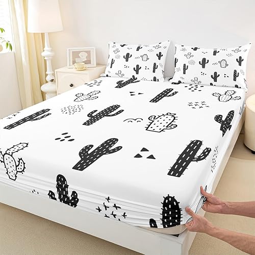 Juego de sábanas de cactus tamaño individual, sábana bajera ajustable de plantas del desierto de dibujos animados, 2 piezas, decoración de