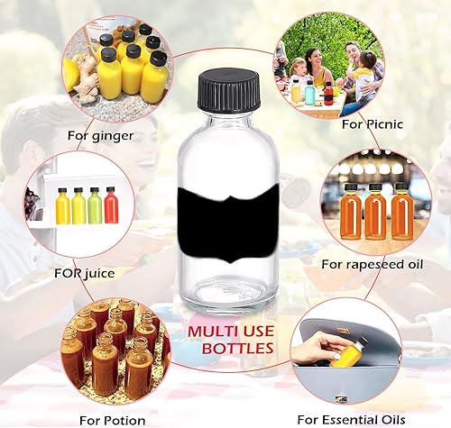 Vista 2 de Paquete de 12 botellas de vidrio de 2 onzas con tapas de 2.0 fl oz, botellas de muestra para licor, jugo, whisky, salsa picante de vainilla