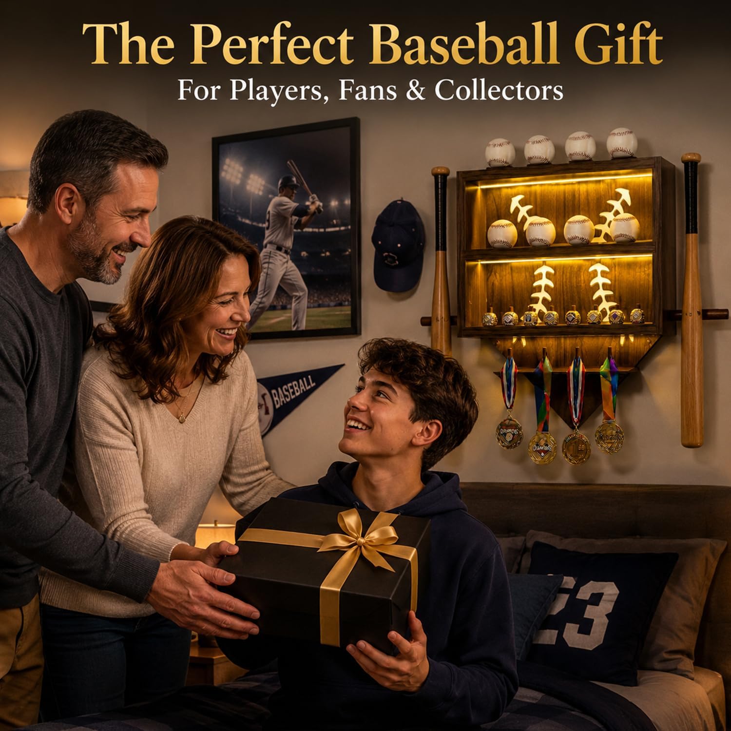Baseball Display Shelf with LED Light Baseball Ring Holder Gifts image 4
