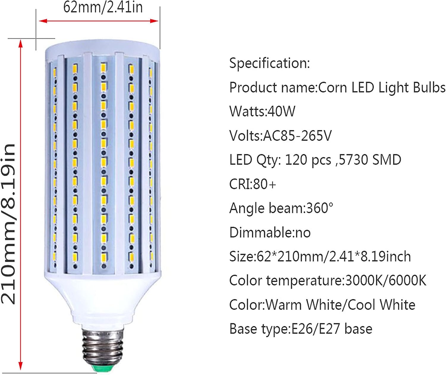 40W Corn LED Light Bulbs (300W Equivalent),E26/E27 Base, AC85-265V,Ultra Bright 3000K Warm White for Indoor Outdoor Large Area Garage Factory Warehouse High Bay,4-Pack