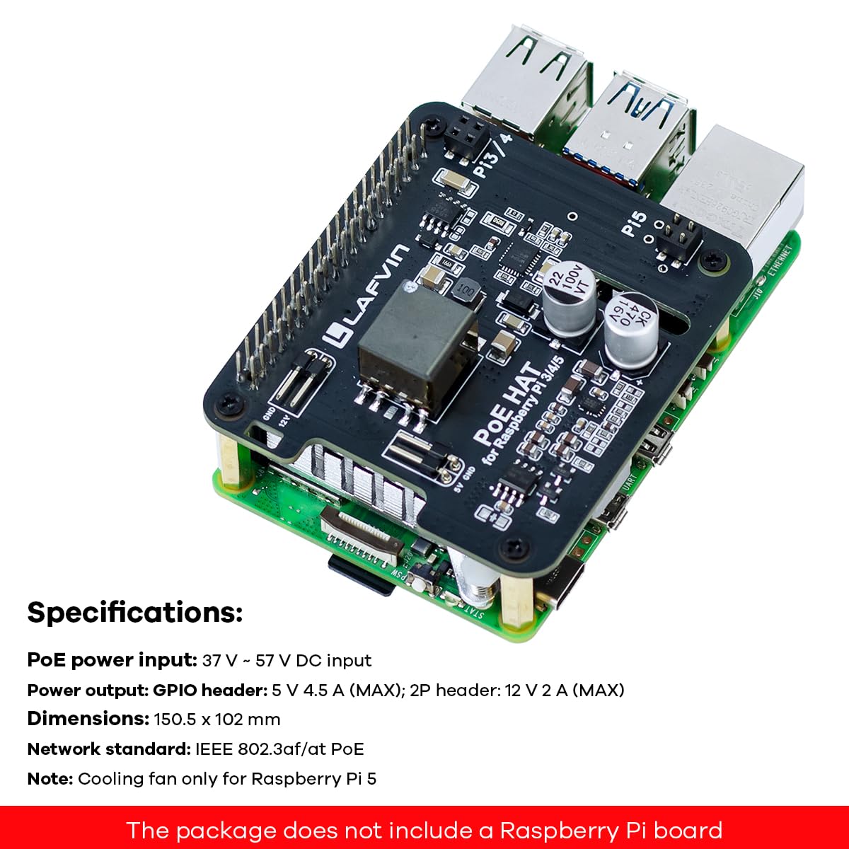 LAFVIN POE HAT Power Over Ethernet para Raspberry Pi 5/4B/3B+,5V/12V Header Outputs,40-pin GPIO Header — view 7