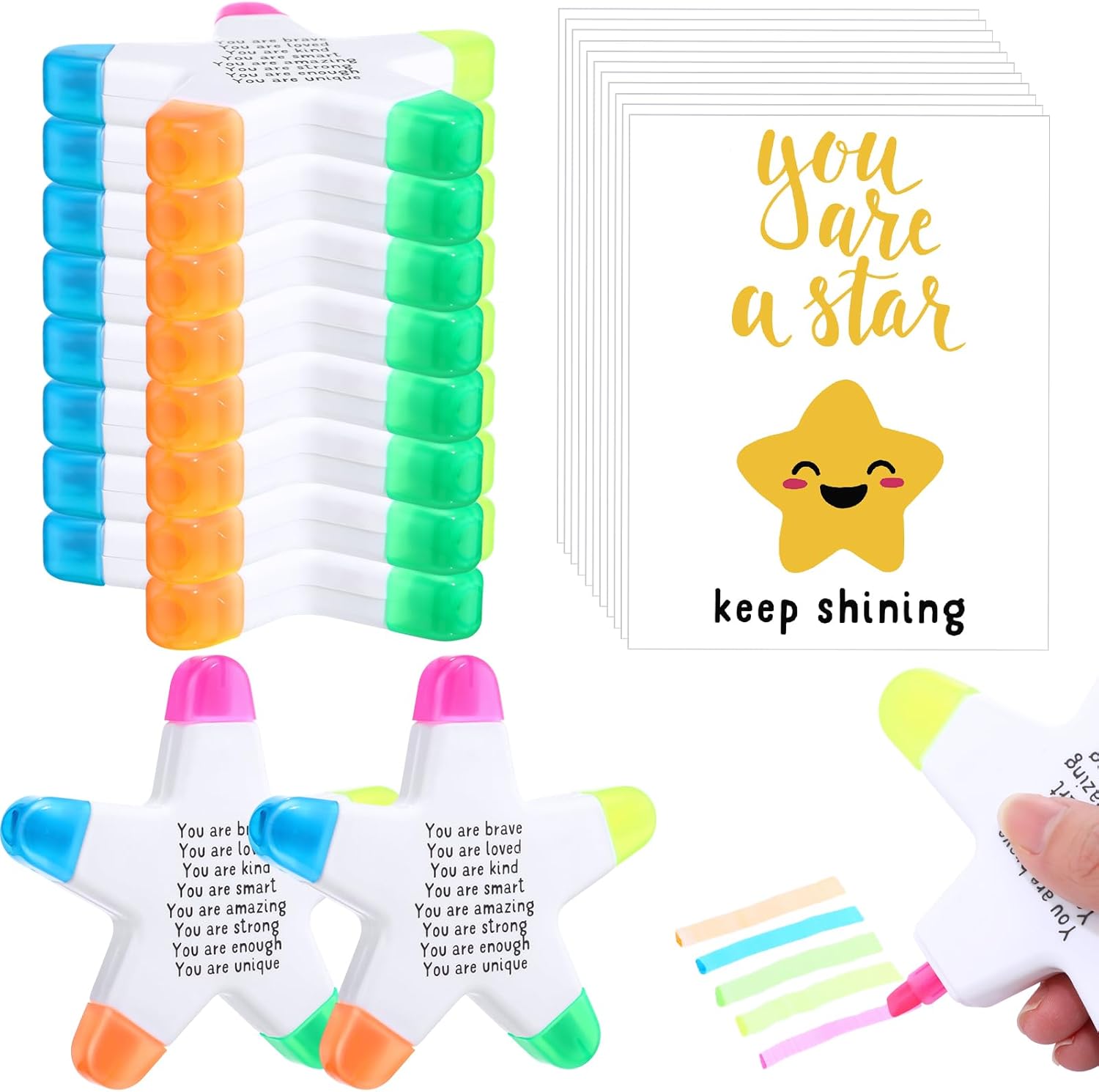AmazingSpark 24 Sets Star Highlighters with You're a Star Cards Gift Bags 5 in 1 Fluorescent Pens Graduation Gifts (Awesome)